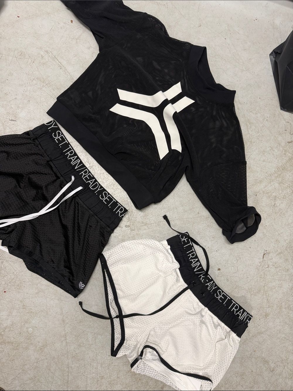 Black Mesh Athletic Top & Two Mesh Shorts Set - Black & White Set (3 Pieces) XS